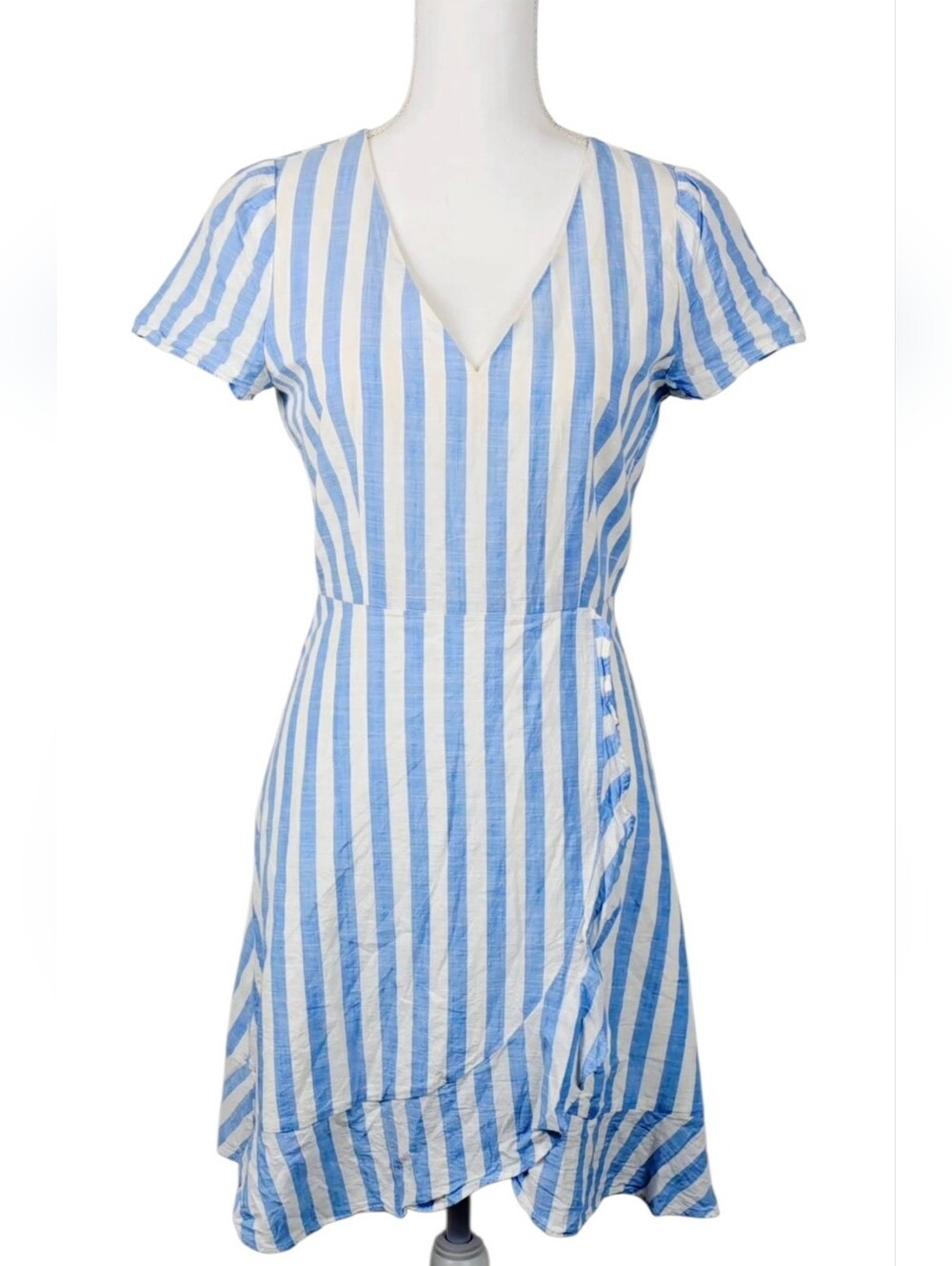 J. Crew Blue and White Striped Short Sleeve Faux Wrap Dress